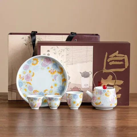 Service à Thé en Céramique Antique Glaze Wan Hua Avec Théière à Anse Haute Porcelaine Traditionnelle Chinoise Mille Fleurs Avec Coffret Cadeau