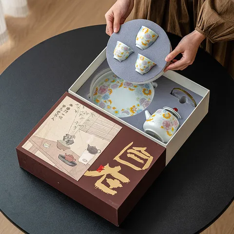 Service à Thé en Céramique Antique Glaze Wan Hua Avec Théière à Anse Haute Porcelaine Traditionnelle Chinoise Mille Fleurs Avec Coffret Cadeau