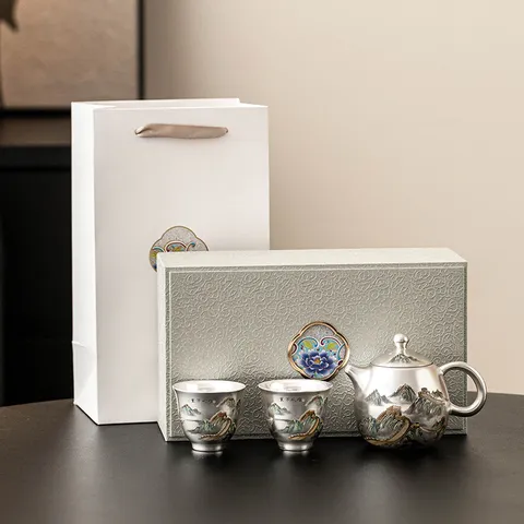Verzilverd Keramisch Theeservies Met Theepot En Theekoppen Grote Muur Landschap Reliëfpatroon Traditioneel Chinees Theeservies Luxe Geschenkset Voor Kantoor