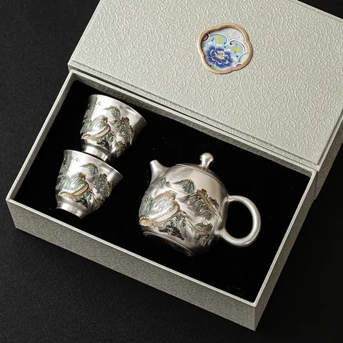 Verzilverd Keramisch Theeservies Met Theepot En Theekoppen Grote Muur Landschap Reliëfpatroon Traditioneel Chinees Theeservies Luxe Geschenkset Voor Kantoor