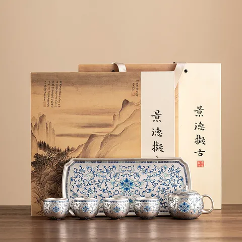 Set da Tè Kung Fu in Ceramica Blu e Bianca Placcato Argento 999 Con Teiera Quattro Tazze Vassoio Motivo Loto Fortuna Scatola Regalo