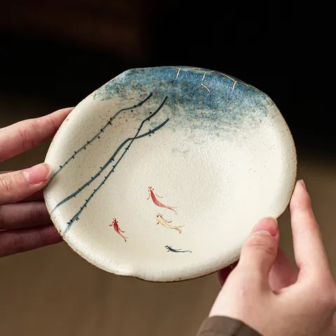 Vintage Hand Painted Ceramic Teapot Stand Blue And White Gilded Lotus Koi Fish Pattern Tea Tray Chinese Teaware Accessory