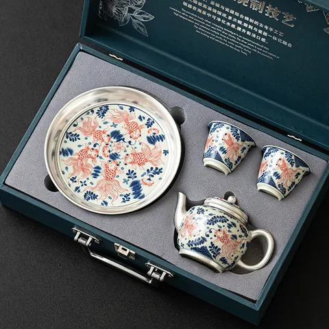 Goldfish Pattern Silver Gilded Ceramic Kung Fu Tea Set With Gift Box Pot Cups And Tray Retro Luxury Style Home Decoration