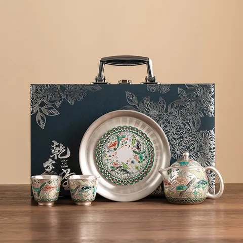 999 Silver-Plated Ceramic Tea Set Fish And Algae Pattern Kung Fu Teaware With 1 Pot 2 Cups And Tray In Gift Box For Home Office Gift