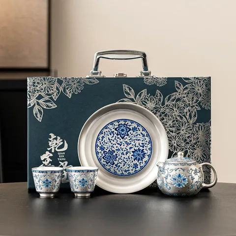 999 Silver-Plated Ceramic Kung Fu Teaware Traditional Chinese Hand-Painted Lotus Pattern Tea Kettle Cups Tray Gift Box Premium Chinese Teaware Collection