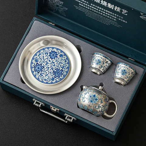 999 Silver-Plated Ceramic Kung Fu Teaware Traditional Chinese Hand-Painted Lotus Pattern Tea Kettle Cups Tray Gift Box Premium Chinese Teaware Collection