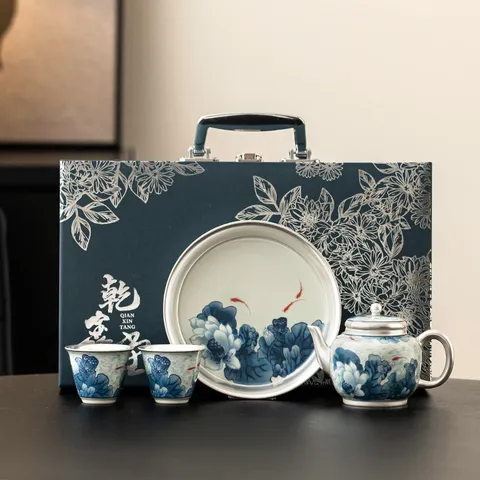 Juego de Té de Cerámica Chapado en Plata 999 Con Tetera Tazas Bandeja Patrón Loto Pez Nuevo Estilo Chino Set de Regalo