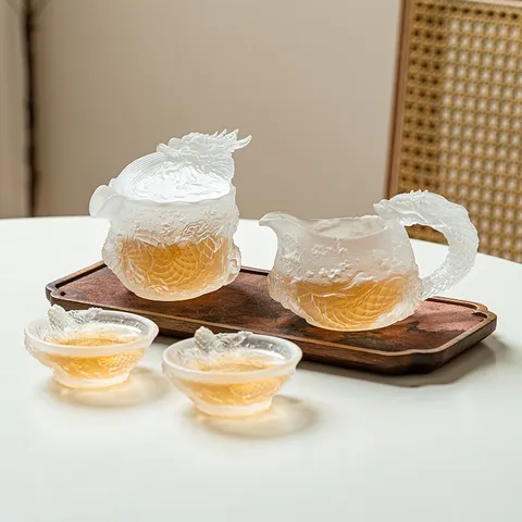 Chinese Vintage Embossed Dragon Pattern Glass Colored Glaze Kung Fu Teaset Teapot Tea Cup Set For Home Household Drinkware Gift