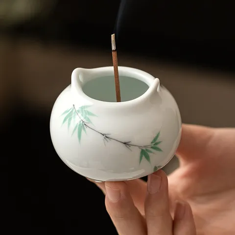 Brûleur d'Encens en Céramique Bambou Vert Peint à la Main Porte Bâtonnet en Porcelaine Blanche Accessoires Thé Zen Ornement Maison