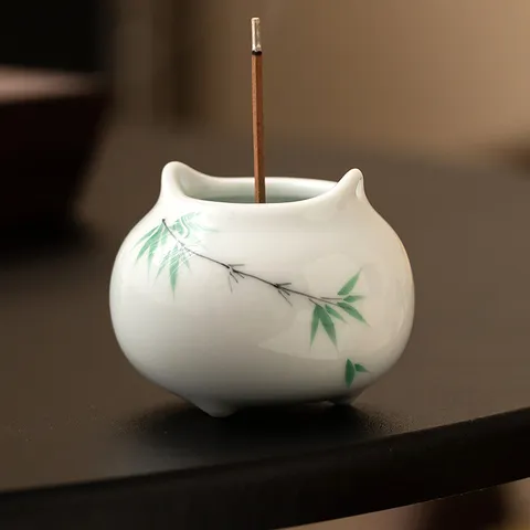 Brûleur d'Encens en Céramique Bambou Vert Peint à la Main Porte Bâtonnet en Porcelaine Blanche Accessoires Thé Zen Ornement Maison