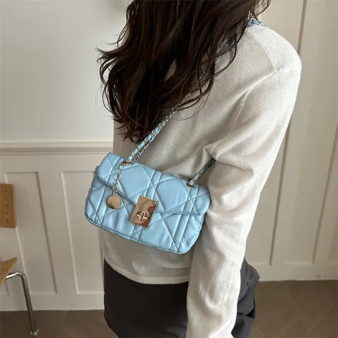 Damen Mode Gesteppte PU Leder Umhängetasche Klassische Kette Schultertasche Elegante Drehverschluss Kleine Quadratische Handtasche
