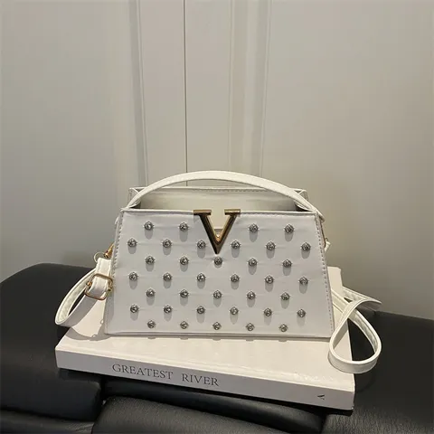 Sac Bandouliere Mode Femme Cuir PU Sac Epaule Minimaliste Urbain Sac Main Poignee Avec Perle Artificielle Verrou V Metal