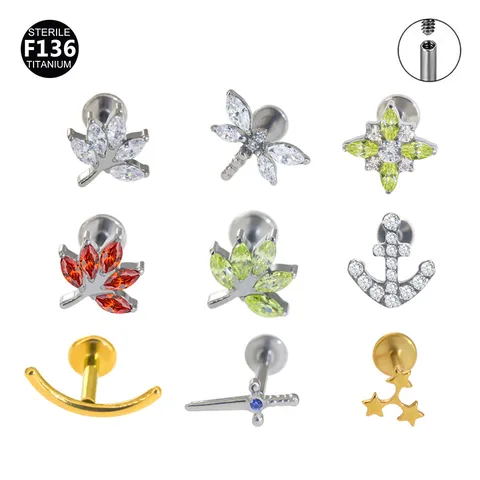 Titanium F136 Internally Threaded Lip Stud Moon Anchor Smile Pendant Rhinestone Earring Piercing Jewelry For Women Men