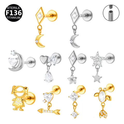 Joyas de Piercing Labret de Titanio F136 con Roscado Interno Pendiente Estrella Gota de Agua Strass Cartílago Unisex