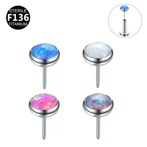 F136 Titanium Alloy Flat Base Artificial Opal Piercing Replacement Top Round Bezel Labret Lip Ring Cartilage Earring Stud
