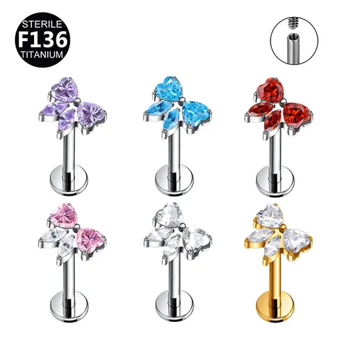 Piercing Labbro Labret Filettatura Interna in Lega di Titanio Fiocco Cuore Orecchini Cartilagine Strass Gioielli da Piercing Donna Uomo