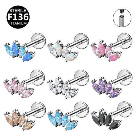 F136 Titanium Marquise Zirconia Opal Body Piercing Jewelry Labret Stud Cartilage Earring Clear Silver Gold