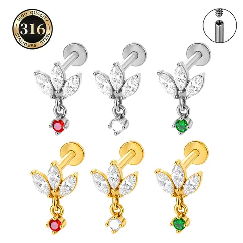 Roestvrij Staal Zirconia Lipknop Oorkraakbeen Piercing Sieraden Goud Zilver Verguld Blad Zirkoon Lipring Lichaamssieraden