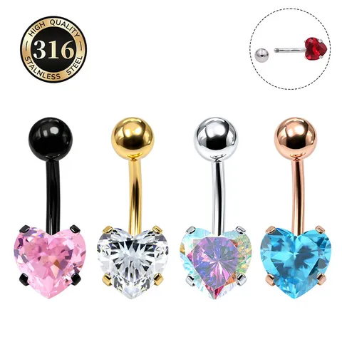 Stainless Steel Heart Rhinestone Belly Button Ring Curved Barbell Body Piercing Jewelry Gold Rose Gold Black navel Rings