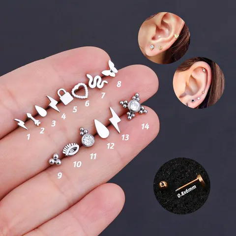 316L Rostfreier Stahl Helix Piercing Ohrstecker Für Damen Herren Blitz Schlange Herz Wassertropfen Strass Ohrstecker Schmuck