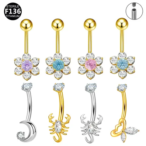 Piercing de Ombligo de Aleación de Titanio Mariposa Escorpión Luna Floral Brillantemente Strass Barra Curva Joyería de Piercing Corporal Para Hombres Mujeres
