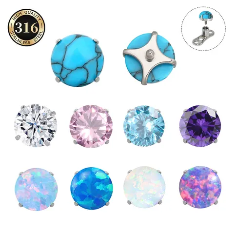 Titanium Steel Dermal Anchor Tops Internal Thread Piercing Jewelry With Zirconia Artificial Opal Turquoise Replacement Ends For Men Women