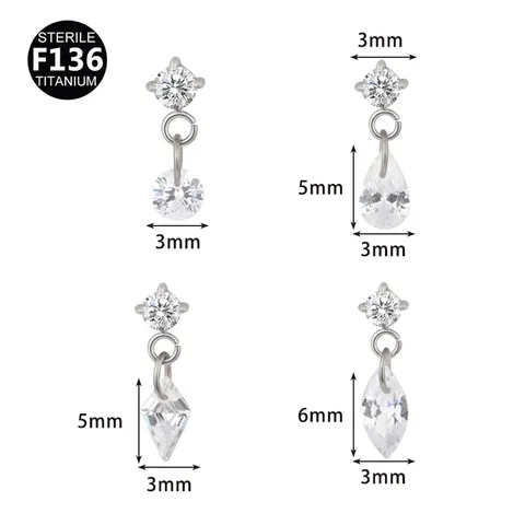 F136 Titanium Alloy Rhinestone Labret Stud Internal Thread Cartilage Piercing Geometric Drop Dangle Lip Ear Bone Stud Jewelry