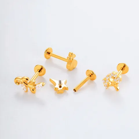 F136 Titaniumlegering Interne Schroefdraad Labret Kraakbeen Piercing Sieraden Ster Bloem Blad Strass Oorbel Voor Unisex