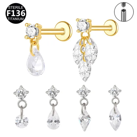 F136 Titanium Alloy Rhinestone Labret Stud Internal Thread Cartilage Piercing Geometric Drop Dangle Lip Ear Bone Stud Jewelry