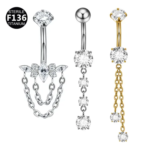 Titanium Alloy Butterfly Tassel Chain Pendant Belly Button Ring Internally Threaded Rhinestone Inlaid Piercing Jewelry For Party Unisex