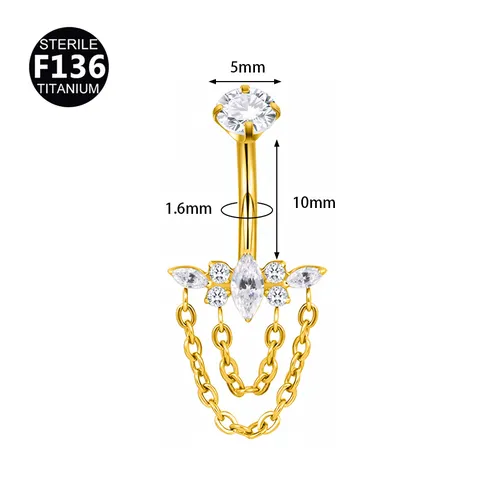 Titanium Alloy Butterfly Tassel Chain Pendant Belly Button Ring Internally Threaded Rhinestone Inlaid Piercing Jewelry For Party Unisex
