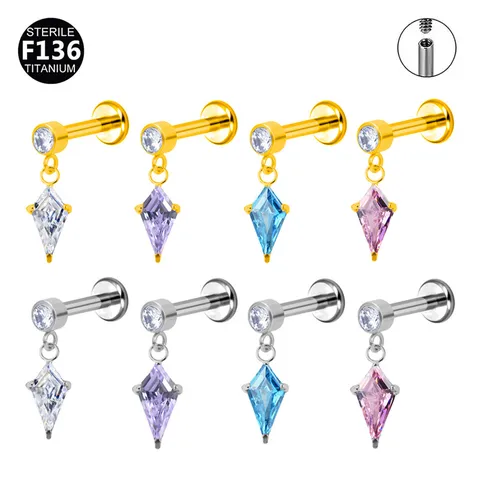 F136 Titanium Kite Zirconia Labret Stud Earring Cartilage Piercing Jewelry Flat Back Tragus Ear Bone Lip Stud For Women Men