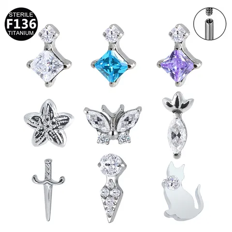 Titanlegierung Strass Piercing Schmuck Innengewinde Flache Rückseite Labret Ohrknorpelringe Katze Schmetterling Dolch Lippenstecker Körperschmuck Unisex