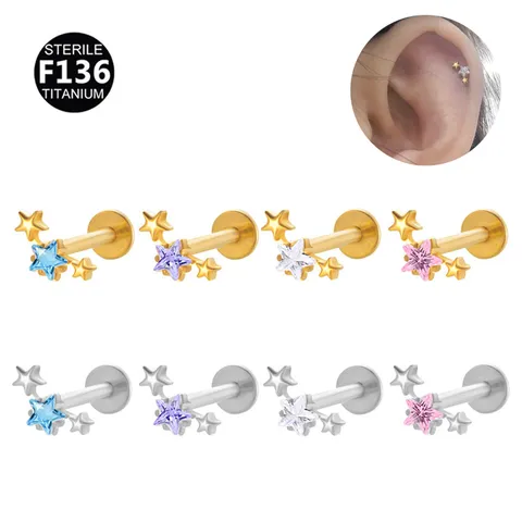 F136 Titaniumlegering 3-Sterren Bloem Labret Oorknopje Met Zirconia Ingelegd Interne Schroefdraad Lipring Kraakbeen Piercing Sieraden