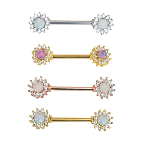 Stainless Steel Flower Nipple Ring Inlaid Synthetic Opal Rhinestone Barbell Piercing Jewelry For Women Men Punk Body Jewelry