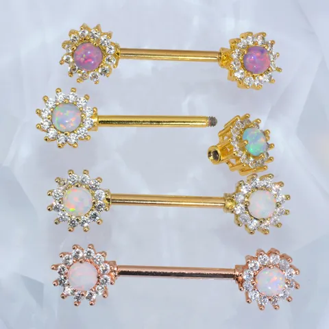 Stainless Steel Flower Nipple Ring Inlaid Synthetic Opal Rhinestone Barbell Piercing Jewelry For Women Men Punk Body Jewelry