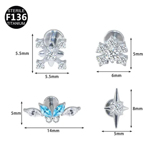 Titan Zirkonia Knorpel Ohrringe Intern Gewinde Stern Schmetterling Blume Piercing Körperschmuck Für Unisex