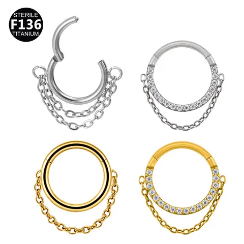 Titanium Alloy Double Chain Hoop Earrings Rhinestone Geometric Segment Clicker Rings For Nose Cartilage Piercing Jewelry