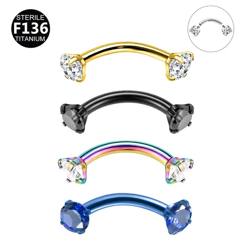 Titanium Alloy Curved Barbell Eyebrow Ring Internally Threaded Double Zirconia Inlaid Body Piercing Jewelry For Men Women