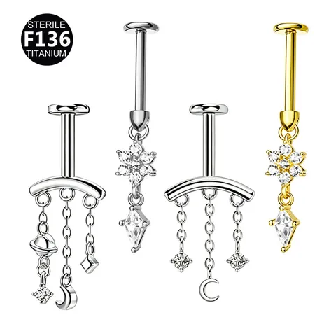 F136 Titanlegierung Innengewinde Labret Stecker Ohrring Planet Mond Blume Strass Anhänger Knorpel Piercing Schmuck