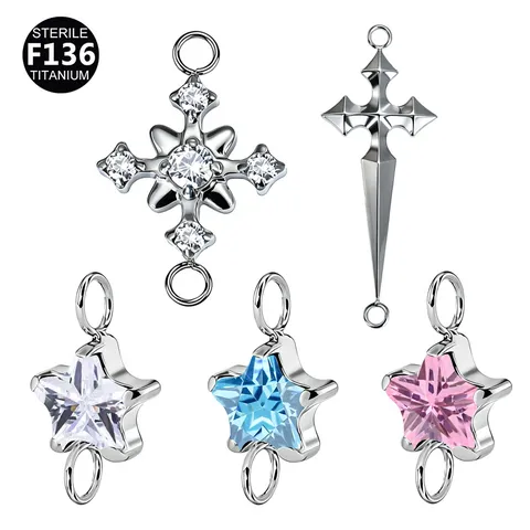 F136 Titanium Alloy Star Cross Flower Pendant Only (Without Chain) For Piercing Earring Bones Ring DIY Jewelry Accessories With Zirconia