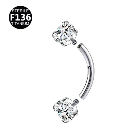 Titanium Alloy Curved Barbell Eyebrow Ring Internally Threaded Double Zirconia Inlaid Body Piercing Jewelry For Men Women