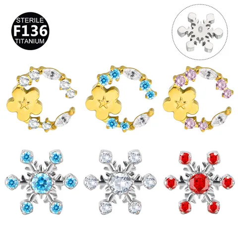 F136 Titanium Internal Thread Labret Stud Snowflake Zirconia Lip Ear Bone Piercing Jewelry Titanium Alloy Piercing Stud