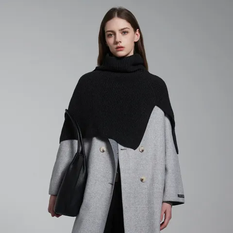 Women's 100% Wool High Neck Split Knit Shawl Cape Neck Warmer Ribbed Winter Warm Pullover Poncho