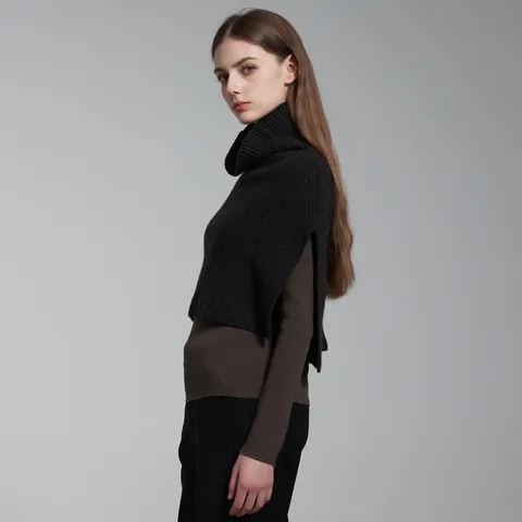 Women's 100% Wool High Neck Split Knit Shawl Cape Neck Warmer Ribbed Winter Warm Pullover Poncho