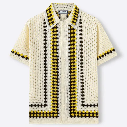Polo de Punto Calado al Crochet Estilo Étnico para Hombre Manga Corta Acrílico Estilo Vacaciones Cuello Vuelto SY0130