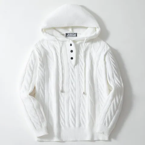 Men American Heavyweight 3D Cable Knit Hooded Sweater Retro Pullover Winter Warm Thick Knitted Hoodie Streetwear Polyester Top