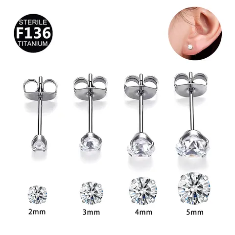 Boucles d'Oreilles Clous en Titane F136 Zirconia Clair Solitaire Rond Bijoux de Piercing Fermoir Papillon Pour Oreilles Sensibles