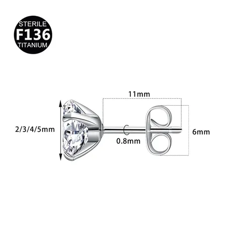 Boucles d'Oreilles Clous en Titane F136 Zirconia Clair Solitaire Rond Bijoux de Piercing Fermoir Papillon Pour Oreilles Sensibles
