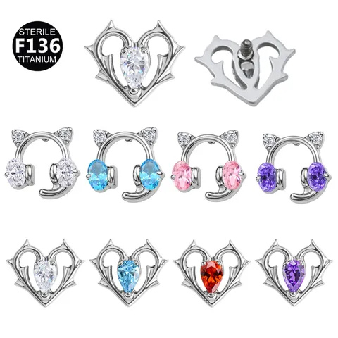 F136 Titan Gaming Katzenohr Dornen Wassertropfen Herz Lippenstecker Knorpel Ohrring Piercing Schmuck Mit Kristall Inlay Unisex